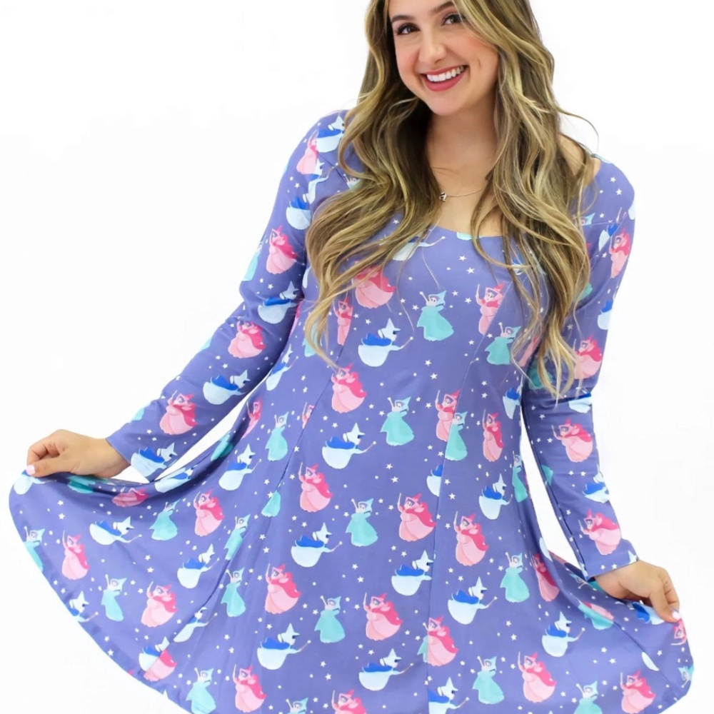 Cakeworthy Sleeping Beauty Aurora Fairies Long Sleeve Skater Dress Women Large